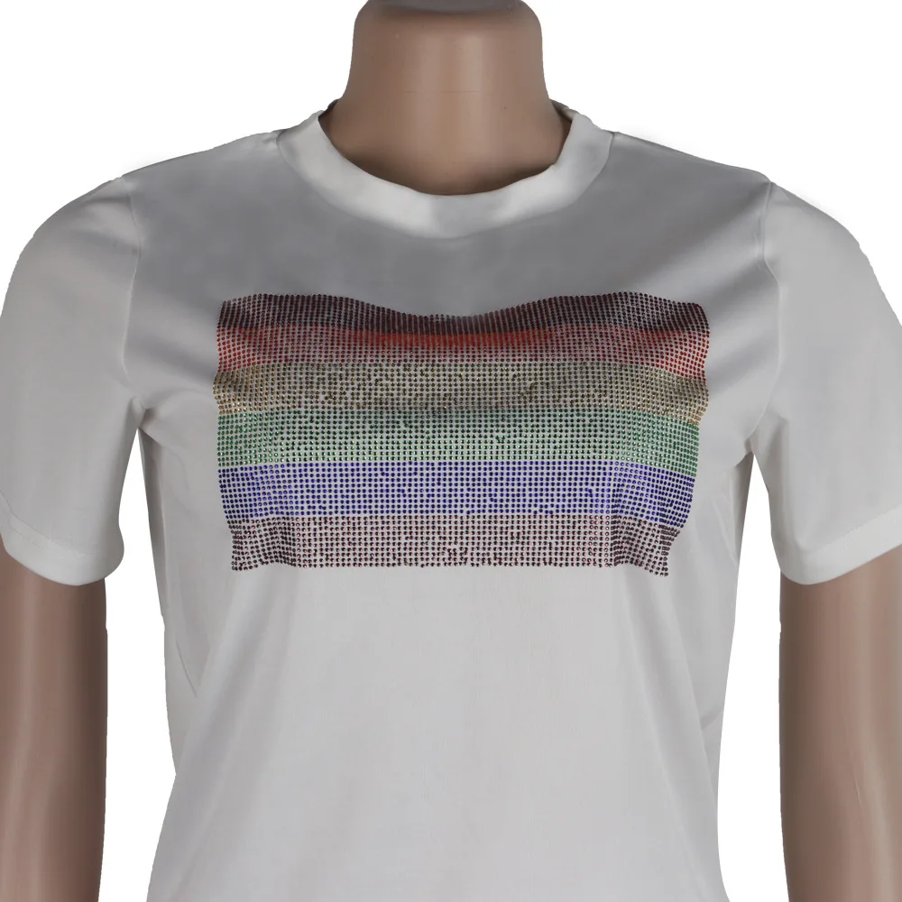 Rainbow Rhinestone Two Piece Summer Clothes for Women Short Sleeve T Shirt+ Bodycon Biker Shorts Plus Size Causal Matching Sets