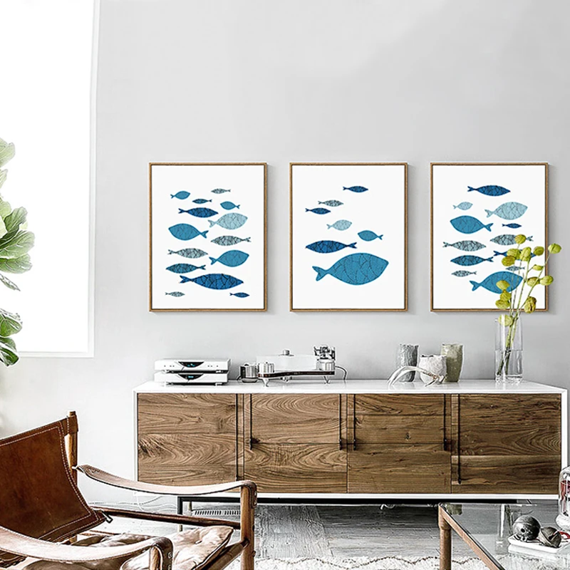 Новые настенные картины с голубыми рыбками в скандинавском стиле постеры