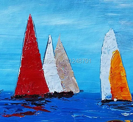 

Hand Painted Sail Boat Blue Sea Abstract Oil Painting Canvas Abstract Texture Palette Knife Wall Painting Living Room Home Decor
