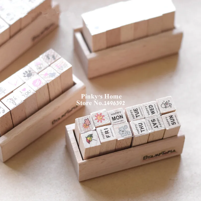 

Cute DIY Wooden Box Ink Pad Stamps Love Kids Diary Decoration Wood Stamp Stationery Set