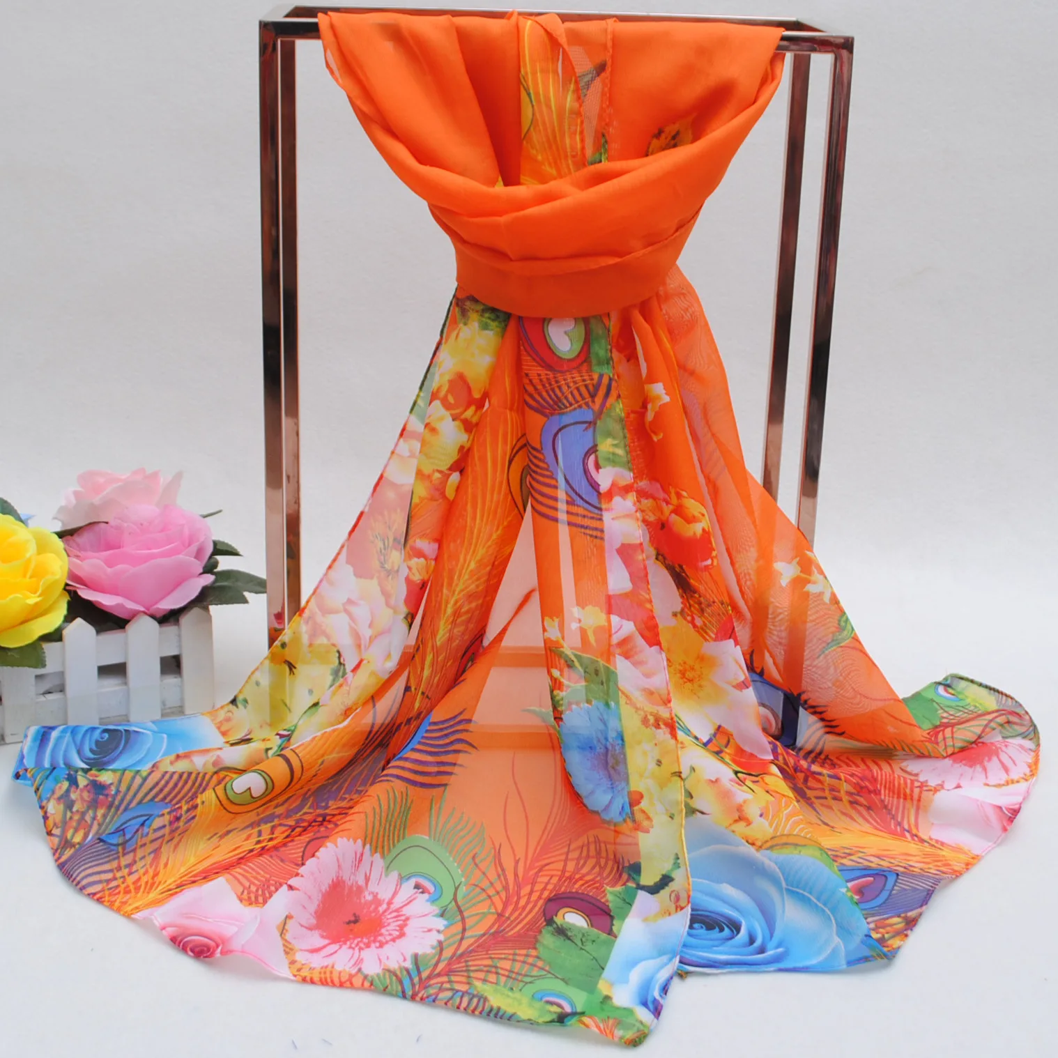 Модный женский цветочный шарф Длинный мягкий дамские шифоновые шарфы роскошная