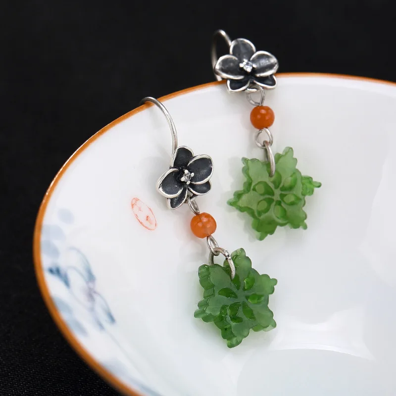 2018 Hot Sale Rushed Brinco Deer S925 Pure Antique Old Mosaic And Field Jade Jasper South Snowflake Earrings Wholesale | Украшения и