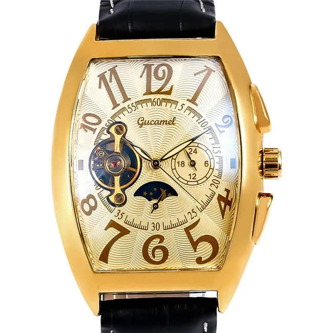 GUCAMEL Tourbillon Платье Мужские часы в деловом стиле Роскошные Tonneau деловые часы для мужчин водостойкий кожаный мужской reloj hombre - Цвет: 5