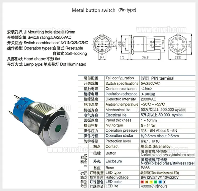 

SET111 19mm anti vandal 6V/12V/24V/36V dot led latching push button switch with harness set