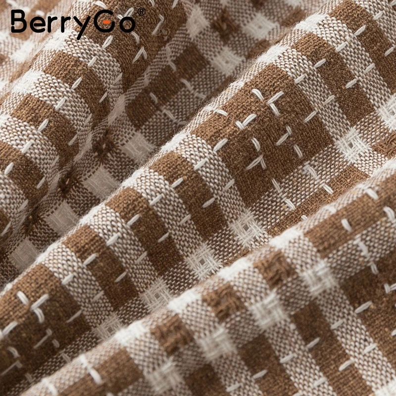 BerryGo/винтажная клетчатая женская блузка со шнуровкой, рубашка, сексуальный женский топ с открытой спиной, осенняя рубашка с пышными рукавами, большие женские блузки, рубашка
