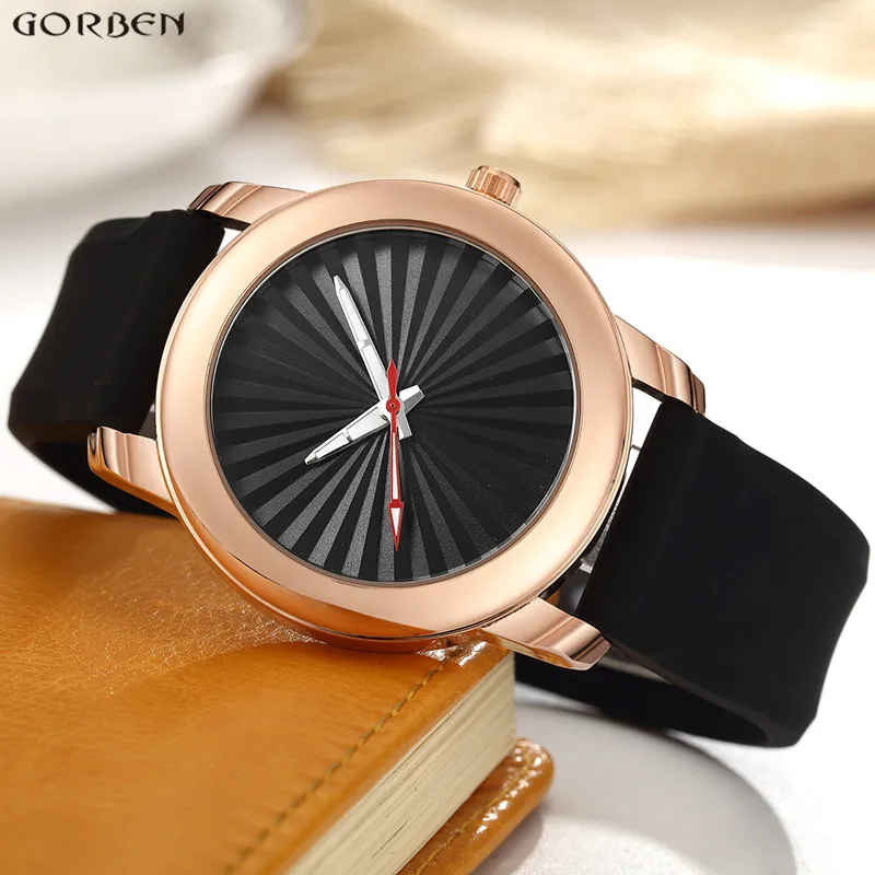 

Creative Women Men Watches Brief Design Rose Gold Steel Dial Black Rubber Strap Quartz Wrist Watch Young Men Fashion Clock Gifts