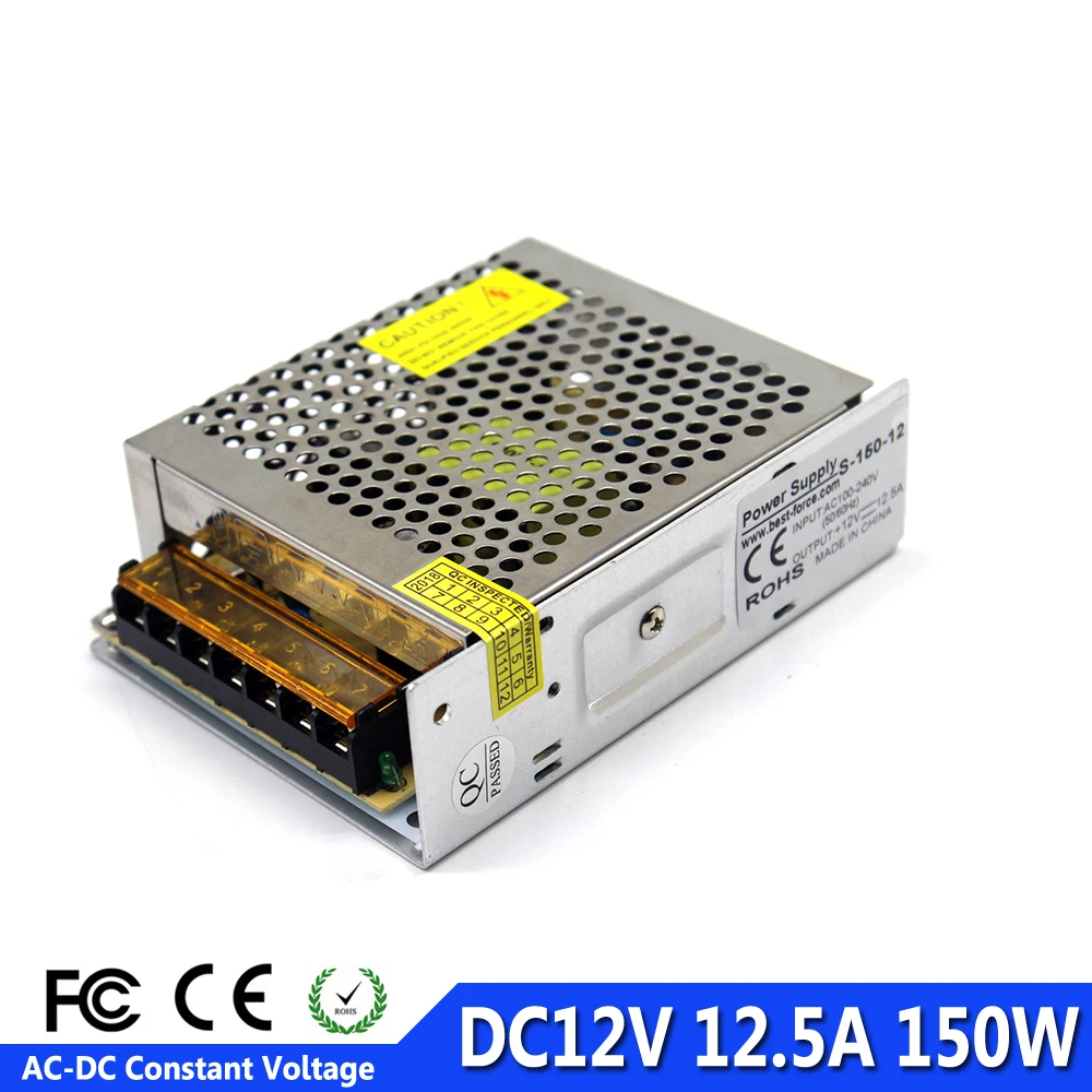 Одиночный выход DC 12V 12.5A 150W Светодиодный источник питания адаптер AC100 240V DC12V SMPS для