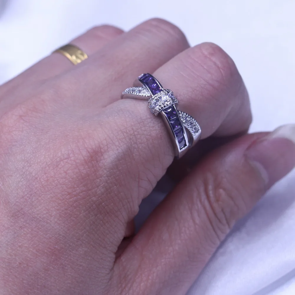 Vecalon New Wome ring Purple AAAAA Zircon Cz White Gold Filled Cross Party wedding Band for women men fashion jewelry | Украшения и