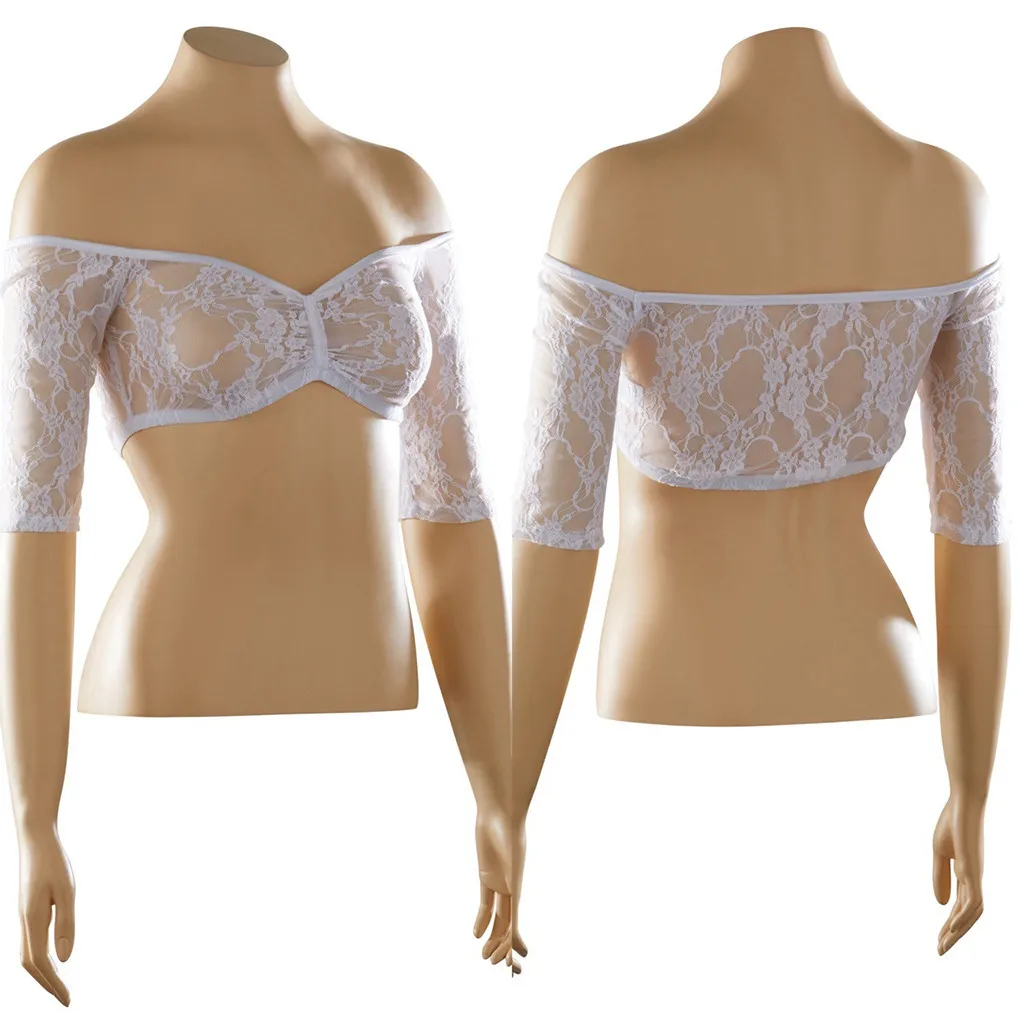 Womens Plus Size Strapless Off Shoulder Crop Top Seamless Arm Shaper Short Sleeve Cropped Navel Lace Top Perspective Underwear