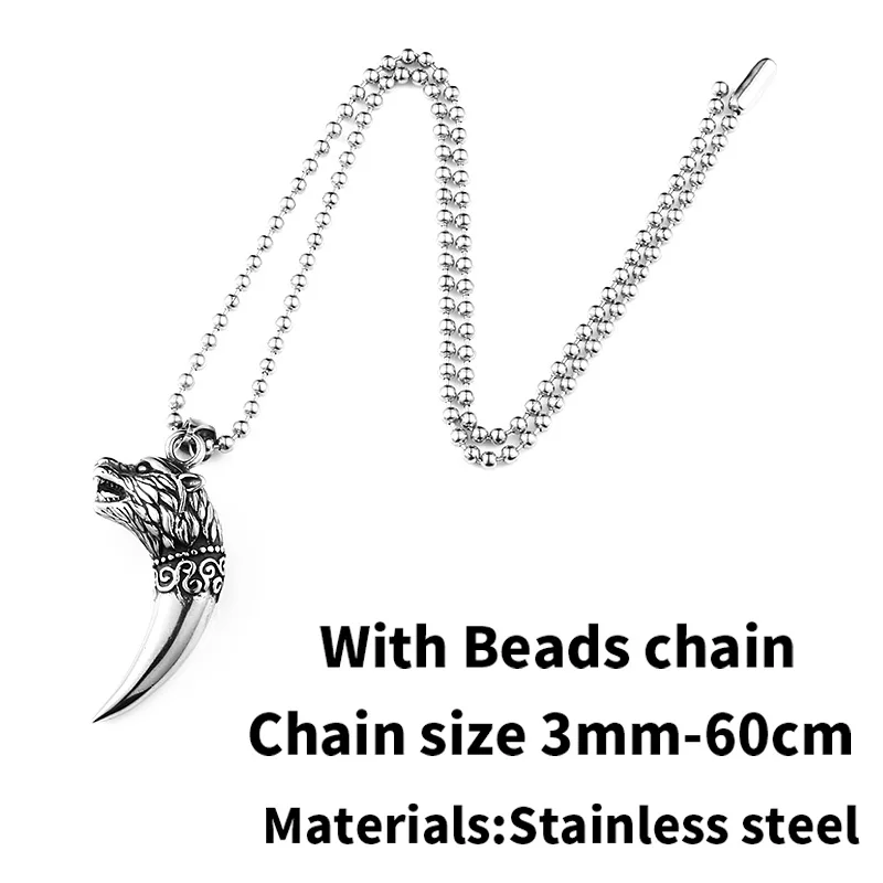 with bead chain Стальной солдат, Винтажное кольцо Викинг-Волк, зуб Клыка, 316l, нержавеющая сталь, чокер, цепь, популярные ювелирные изделия в виде животных, для мужчин и женщин, подарок - Окраска металла: with bead chain