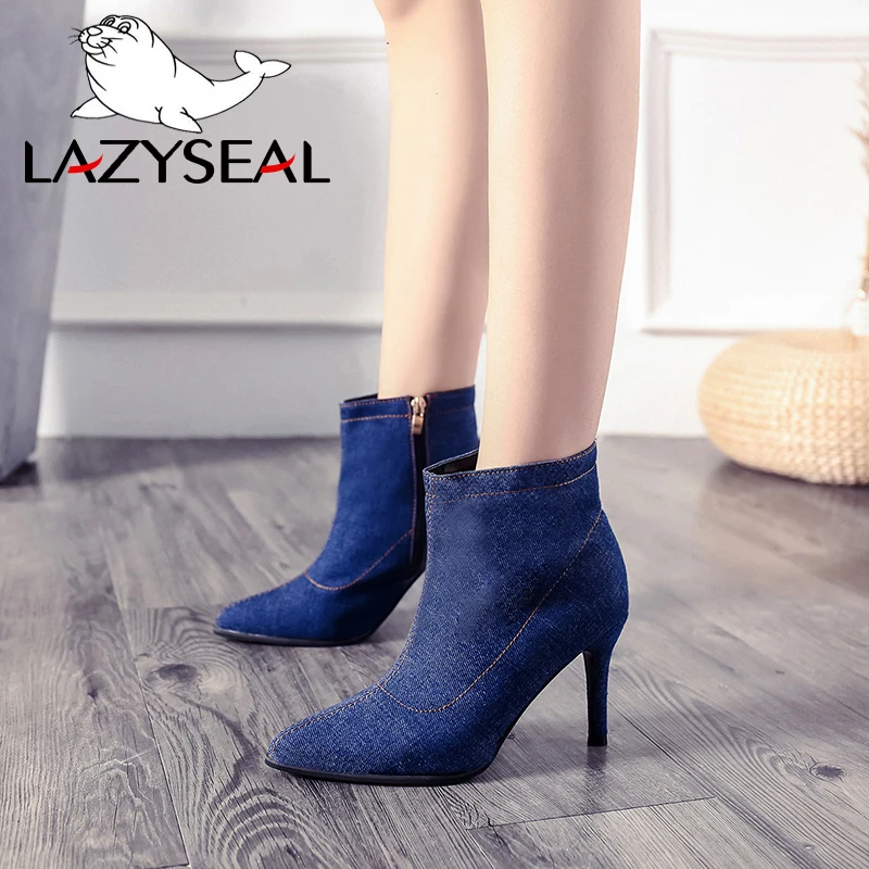 LazySeal джинсовые сапоги на шпильке женская обувь с круглым носком Zapato Mujer молнии