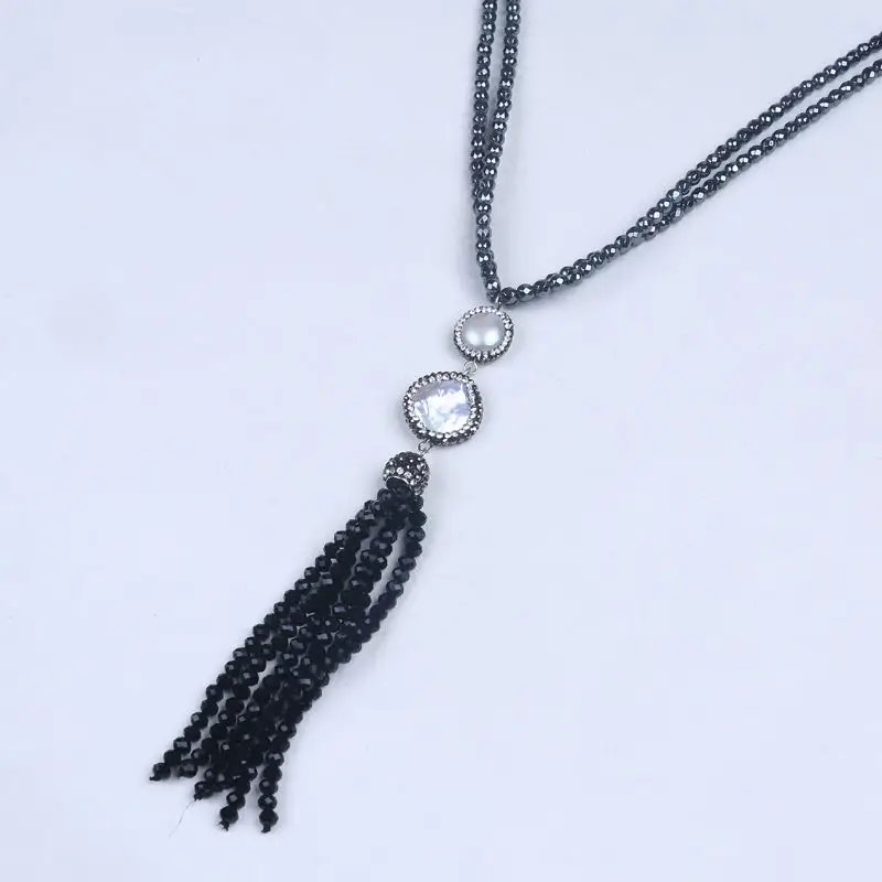 Изысканное черное ожерелье бусы с кисточкой гематит каменное Кристалл бисера