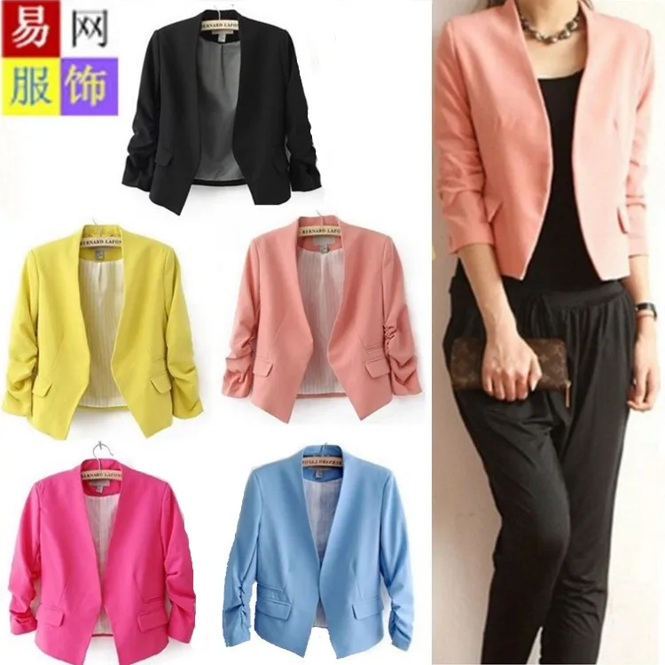 New arrival Jacket Blazer Lined With Striped no Button Women Pleated sleeves Coat Suit fashion Blazers Jacket Candy-colored