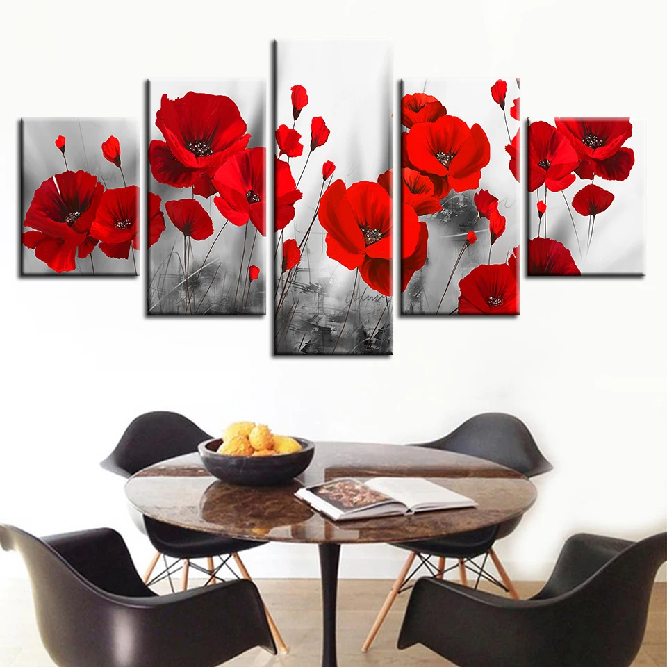 

Canvas Printed Pictures Living Room Wall Art Framework 5 Pieces Romantic Poppies Paintings Red Flowers Poster Modular Home Decor