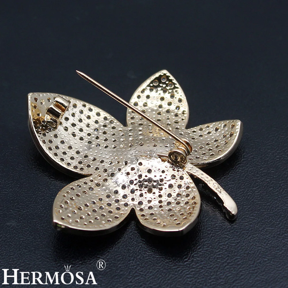 HERMOSA JEWELRY Exquisite Zircon Lucky Leaf Design Brooch For Women Yellow Gold Pins Brooches Shiny Party Gift Wedding Jewellery | Украшения