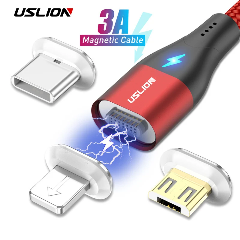 USLION 3A светодиодный магнитный кабель для быстрой зарядки iPhone XS Micro USB Type C Магнитный