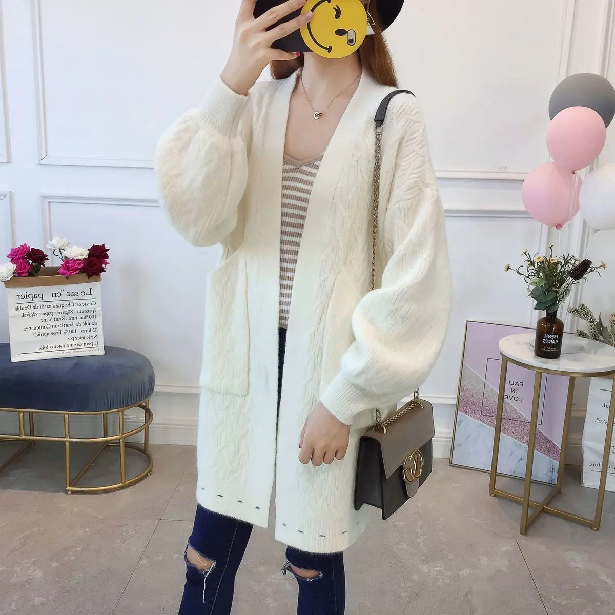 

New Pattern Korean Solid Color Fund Easy Joker Lazy Wind Sleeve Sweater Woman Cardigan Knitting Loose Coat