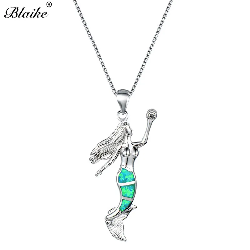 Green Opal Necklace Blaike Красивая Русалка ожерелье зеленый/оранжевый/фиолетовый/Белый огненный опал кулон ожерелье для женщин 925 серебро - Окраска металла: Green Opal Necklace