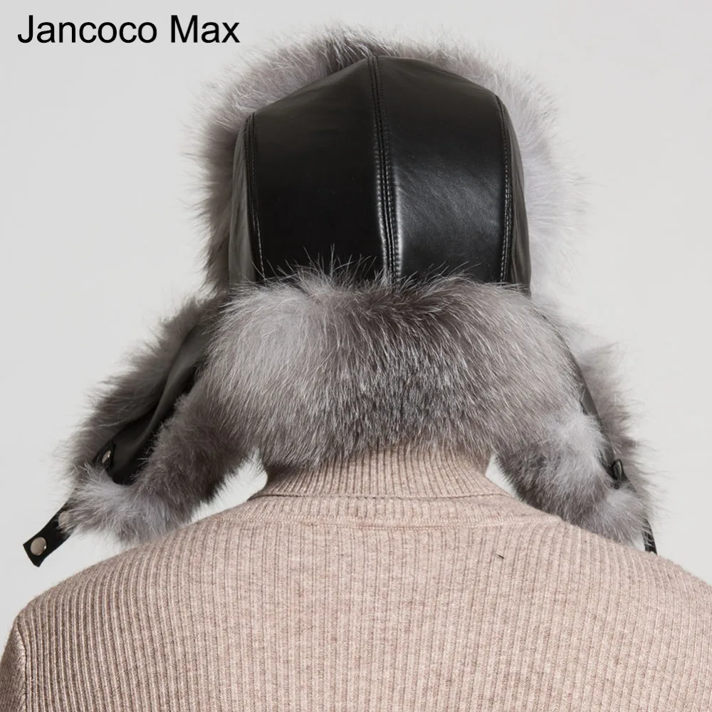 Jancoco Max New Winter Raccoon Natural Fur Hats Genuine Leather Silver Fox Fur For Men & Women Cap  S3072