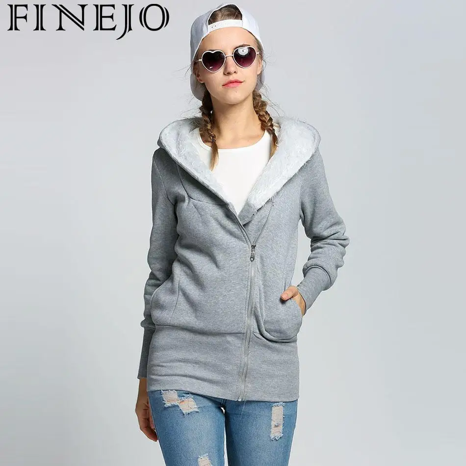 FINEJO Женская толстовка с капюшоном однотонная длинным рукавом на молнии флисовая