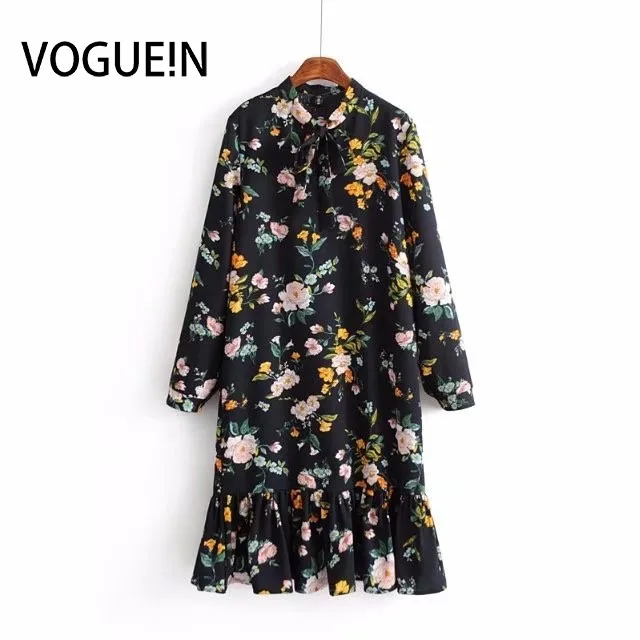VOGUEIN Новая женская черная Цветочная печать с длинным рукавом гофрированная