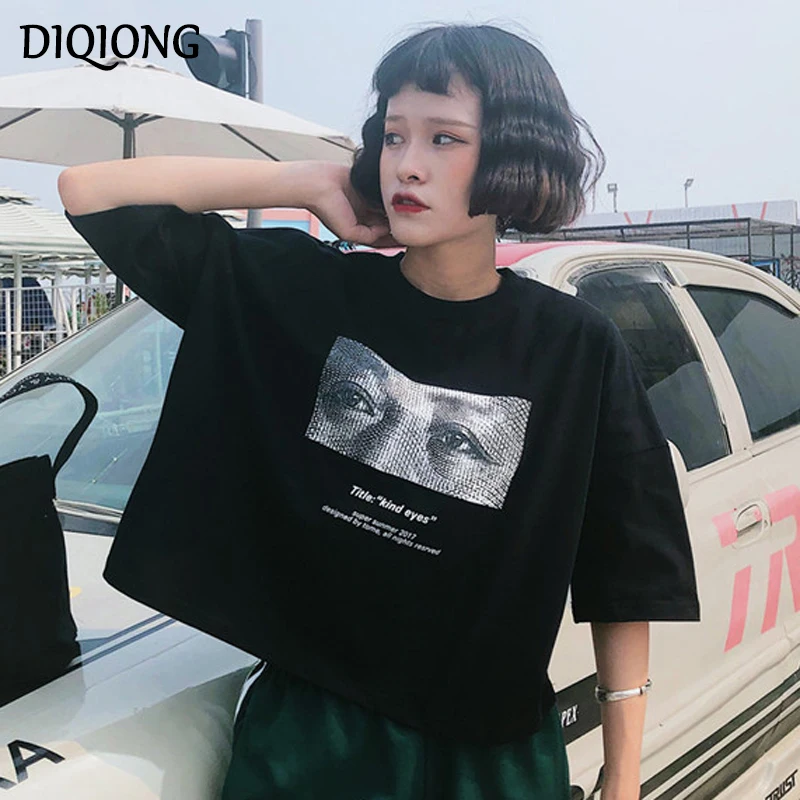 Diqiong футболки Забавный принт летняя футболка для женщин сплошная Топы с