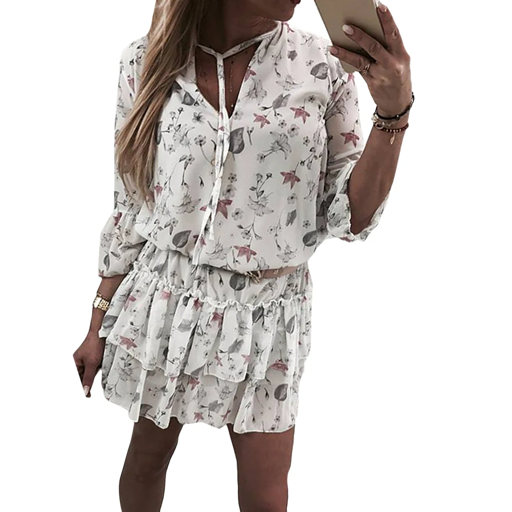 Женское плиссированное платье с цветочным принтом мини-пляжное v-образным