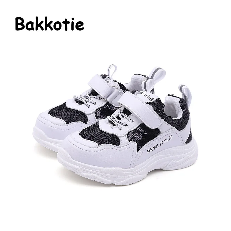 White-Black Bakkotie г.; сетчатые повседневные кроссовки для малышей; детская блестящая спортивная обувь; обувь для маленьких мальчиков с белыми блестками; брендовые кроссовки для девочек - Цвет: White-Black