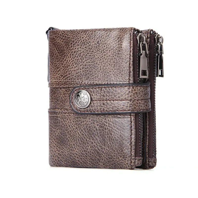 Coffee Men Wallet GENODERN Double Zipper Men Wallet of Hasp Design Genuine Leather Short Wallet for Men with Coin Pocket New Male Purse - Цвет: Coffee Men Wallet