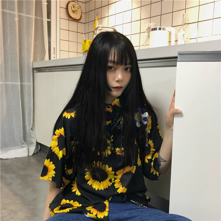 Винтажные рубашки с цветочным принтом, блузы, Harajuku, с принтом подсолнуха, с короткими рукавами, однобортный Кардиган, с отложным воротником, топы, блузы