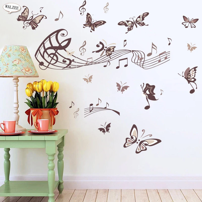 Коричневый черный бабочка цветок музыка стены Стикеры DIY для детская одежда