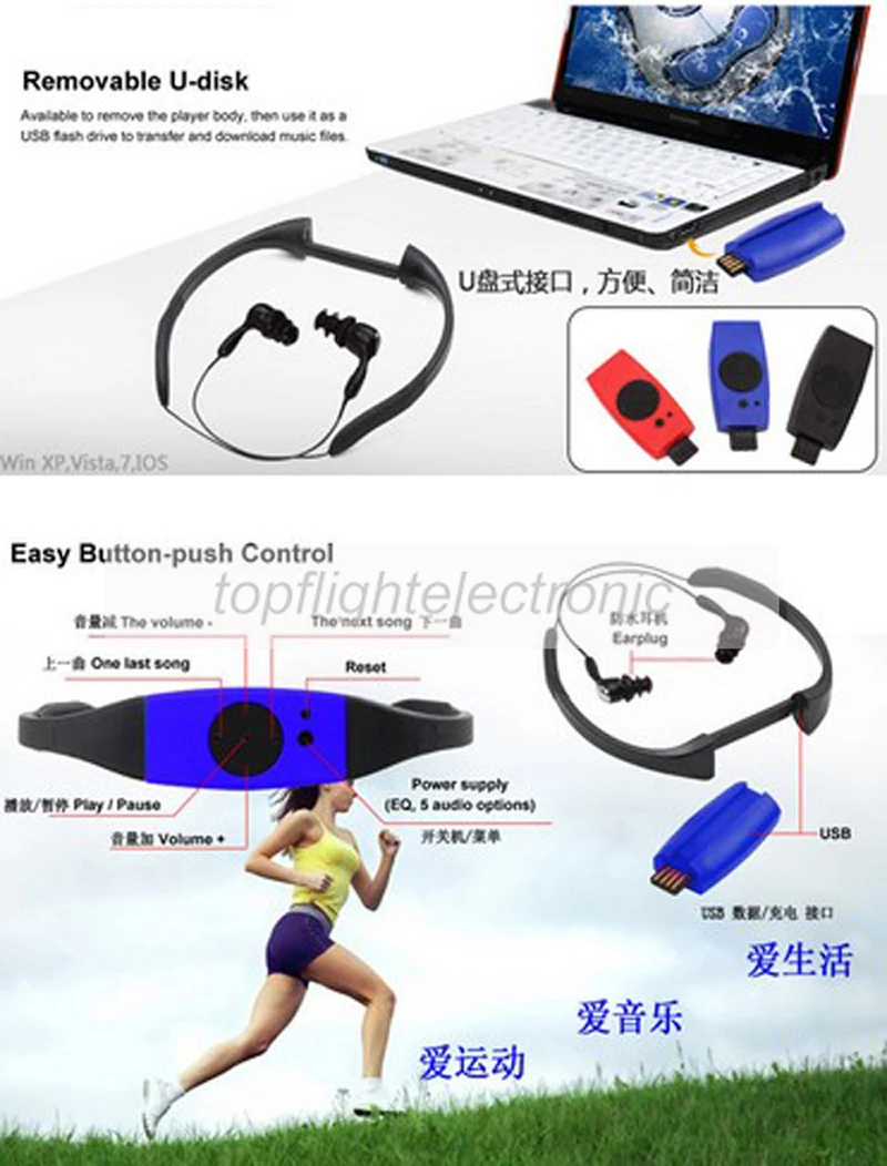 003 4GB/8GB Waterproof IPX8 Diving Swimming Surfing MP3 Player Headset FM Radio Music Player enlarge