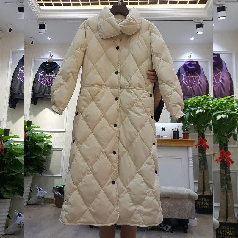 Beige Schinteon женский длинный пуховик светильник тонкий воротник стойка Argyle простая модная зимняя верхняя одежда пальто - Цвет: Beige