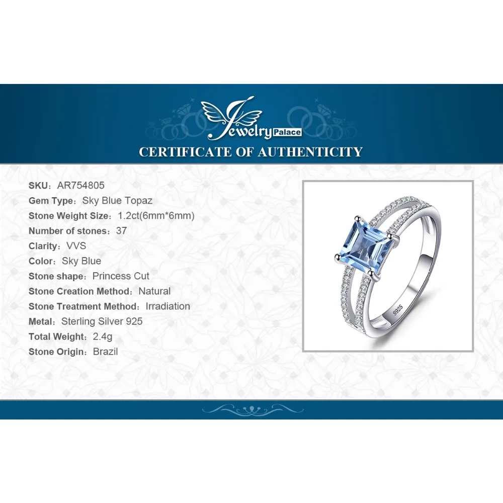 JewelryPalace 1.4ct Принцесса Cut Голубой Топаз Обручальное Юбилейные Кольца Для Женщин