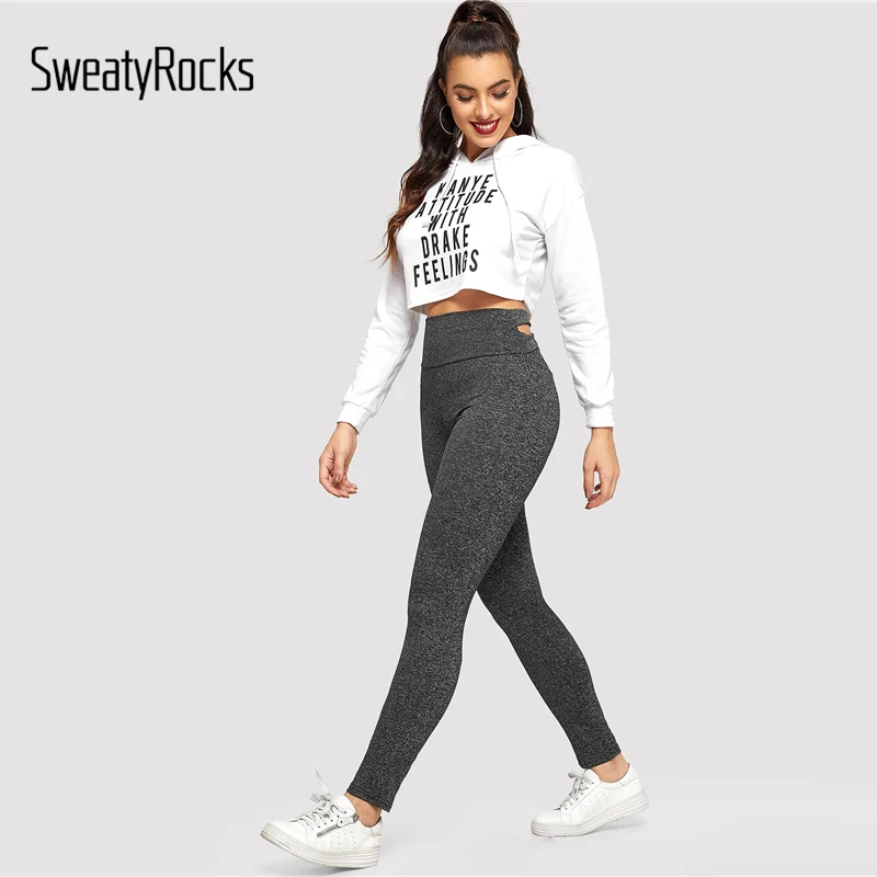 SweatyRocks крест-накрест однотонные леггинсы Activewear Для женщин тренировки обтягивающие леггинсы Новинка весны Повседневное Фитнес принтом букви серые