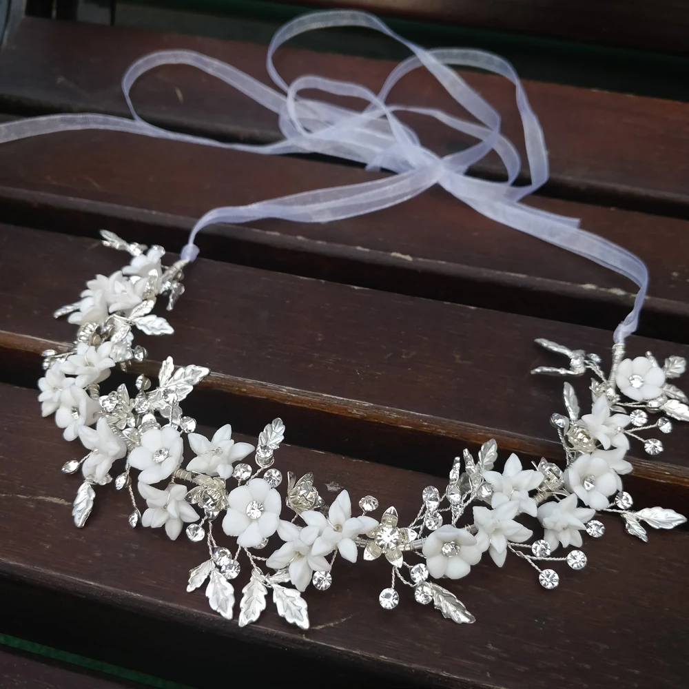 

Delicate Silver Leaf Bridal Hair Vine Crown Handmade Porcelain Flower Headband uxury Wedding Headpiece Brides Hair Jewelry 2019