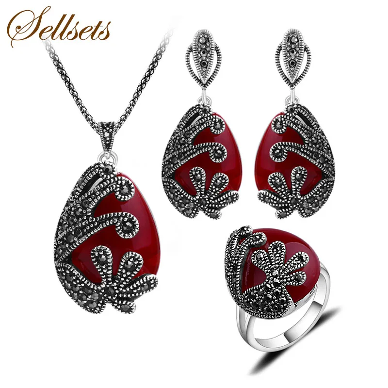 red Sellsets модный античный серебряный турецкий ювелирный набор, винтажный черный кристалл и натуральный камень, Ювелирные наборы для женщин, подарок - Окраска металла: red