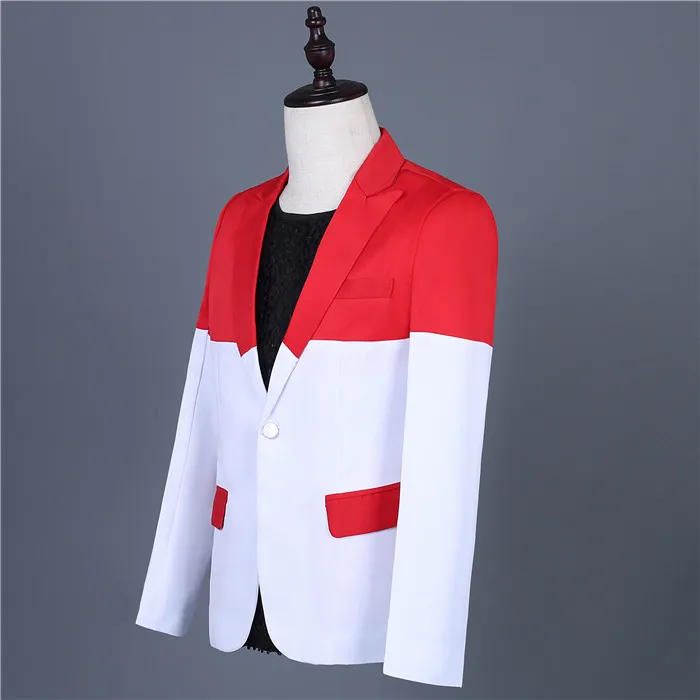 Red-White Stitching Blazers Set One Button Slim Fit Tuxedo Suit Men's Wedding Groomsmen Dress Singer Group Performance Costumes