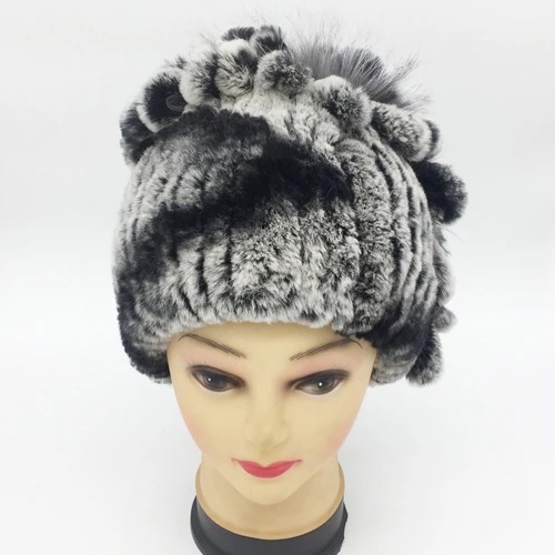 black and grey Шапка из натурального меха кролика рекс с цветами, женская зимняя теплая вязаная шапка ручной работы, настоящий мех кролика, женские шапки с мехом лисы, шапочки - Цвет: black and grey