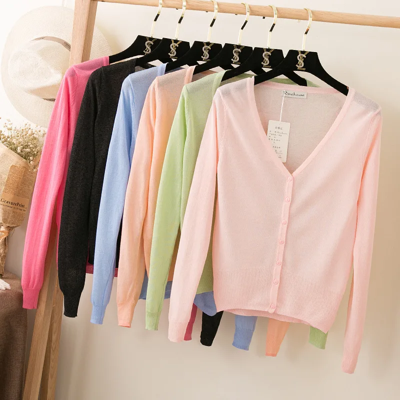 Summer Sunscree Women Cardigan Knitted Sweater Coat Thin full sleeve Sleeve Female Casual V-Neck Woman Knit Cardigans Tops |