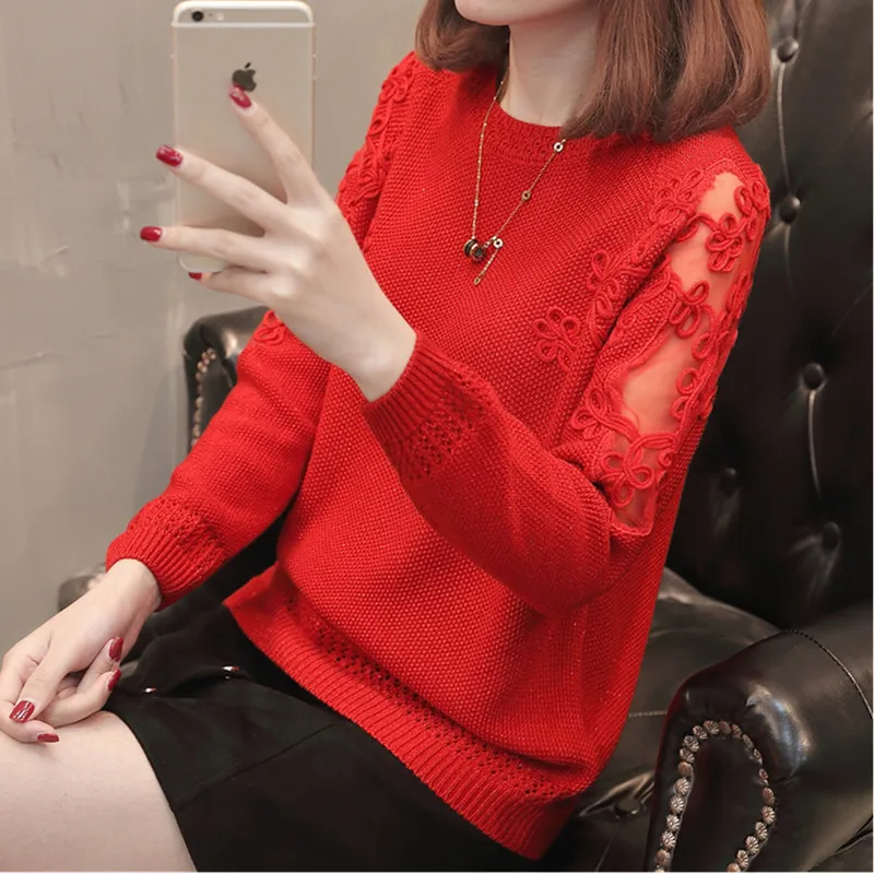 YAGENZ Lace Patchwork Knit Sweater Spring Autumn Women Long Sleeve Pullover Knitted Basic Sweaters Tops Femme | Женская одежда