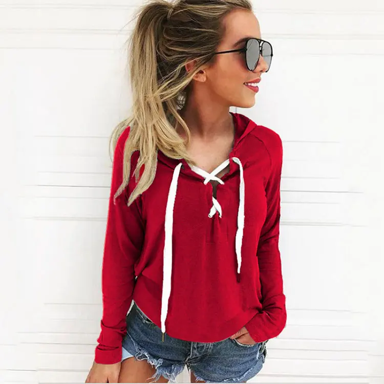 red Spring and Summer hot sale Hooded Sweatshirts Sexy Long-Sleeved V-Neck Strap Open Chest Women'S Solid Color Casual Sweatshirts - Цвет: red