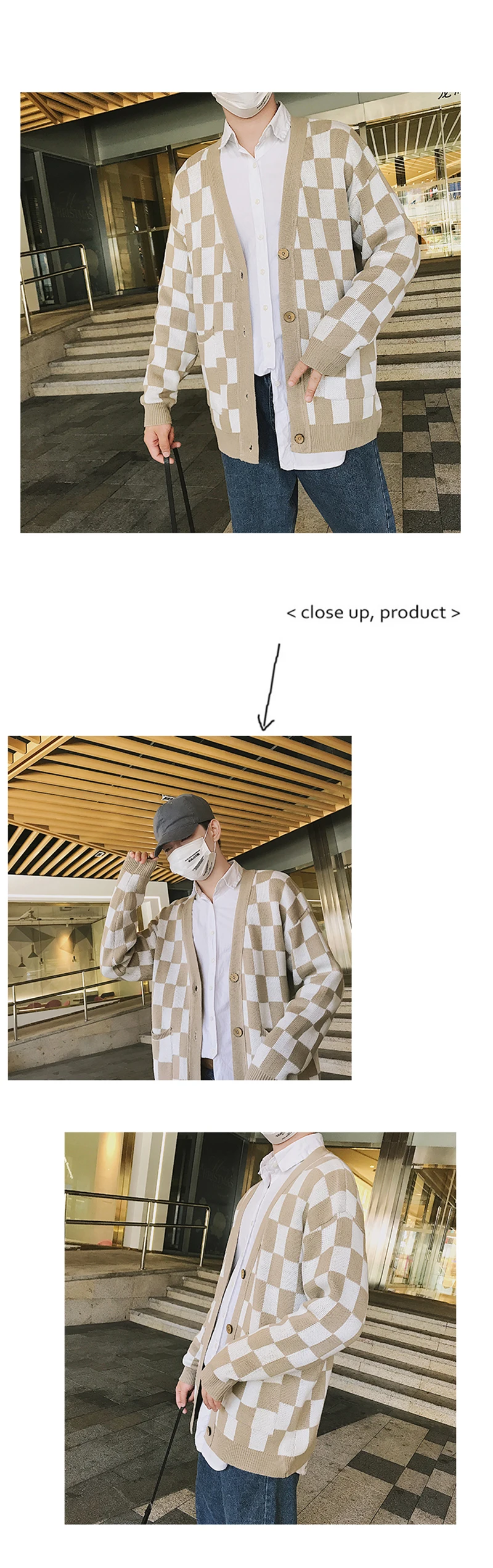 Plaid Oversized Sweater Men Hip Hop Mens v Neck Knit Cardigan Hombre Korean Checked Vintage Knitted Jacket Sweaters Mens Stylish