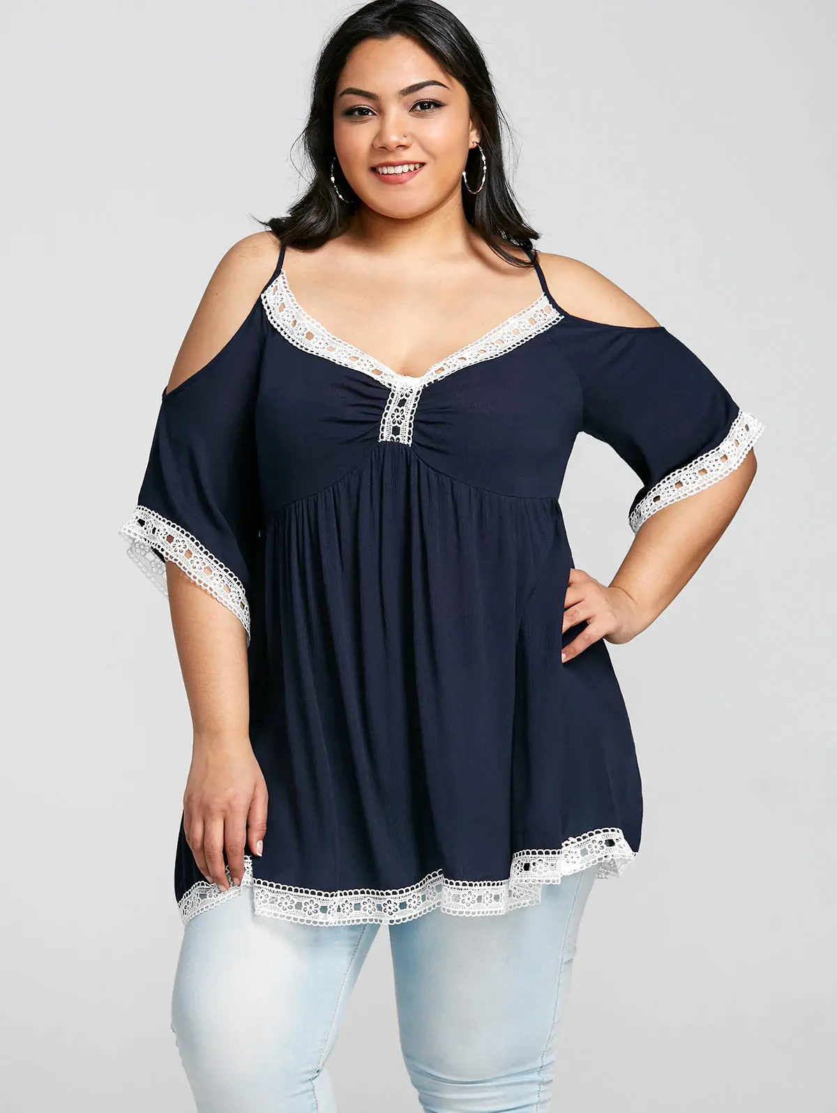 Летняя футболка с открытыми плечами Wipalo большие размеры женские топы кружевной