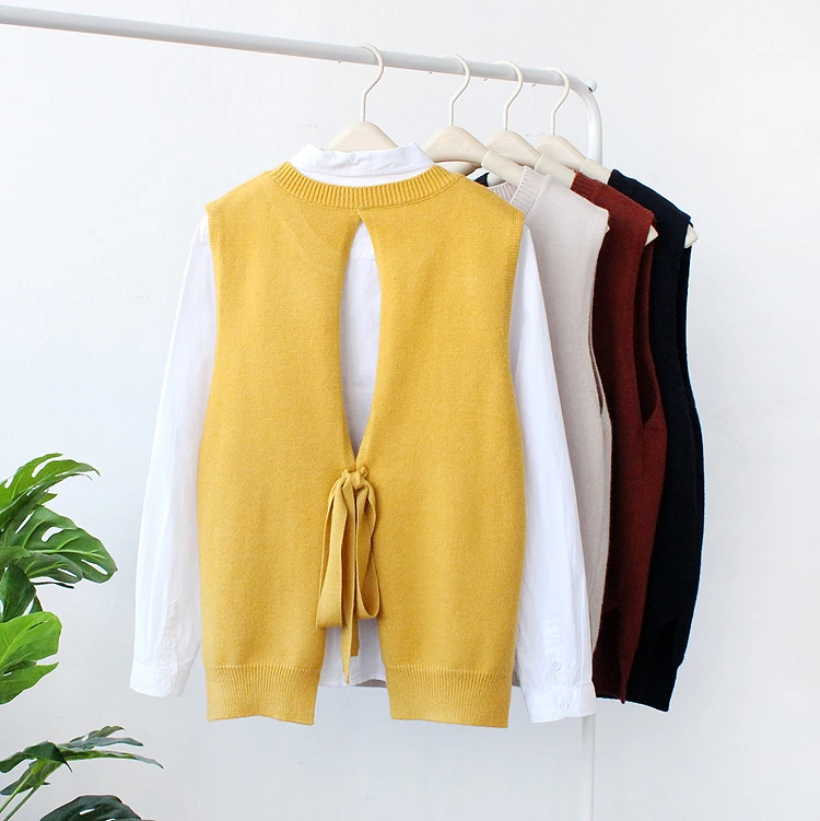 Новый жилет со шнуровкой сзади Женский вязаный с круглым вырезом свободная