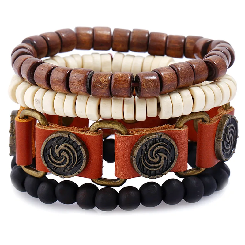 

DIY Casual Vintage 4 Pcs/set White Black Wood Beads Alloy Charm Leather Men Bracelets For Women Homme Femme Homme Jewelry