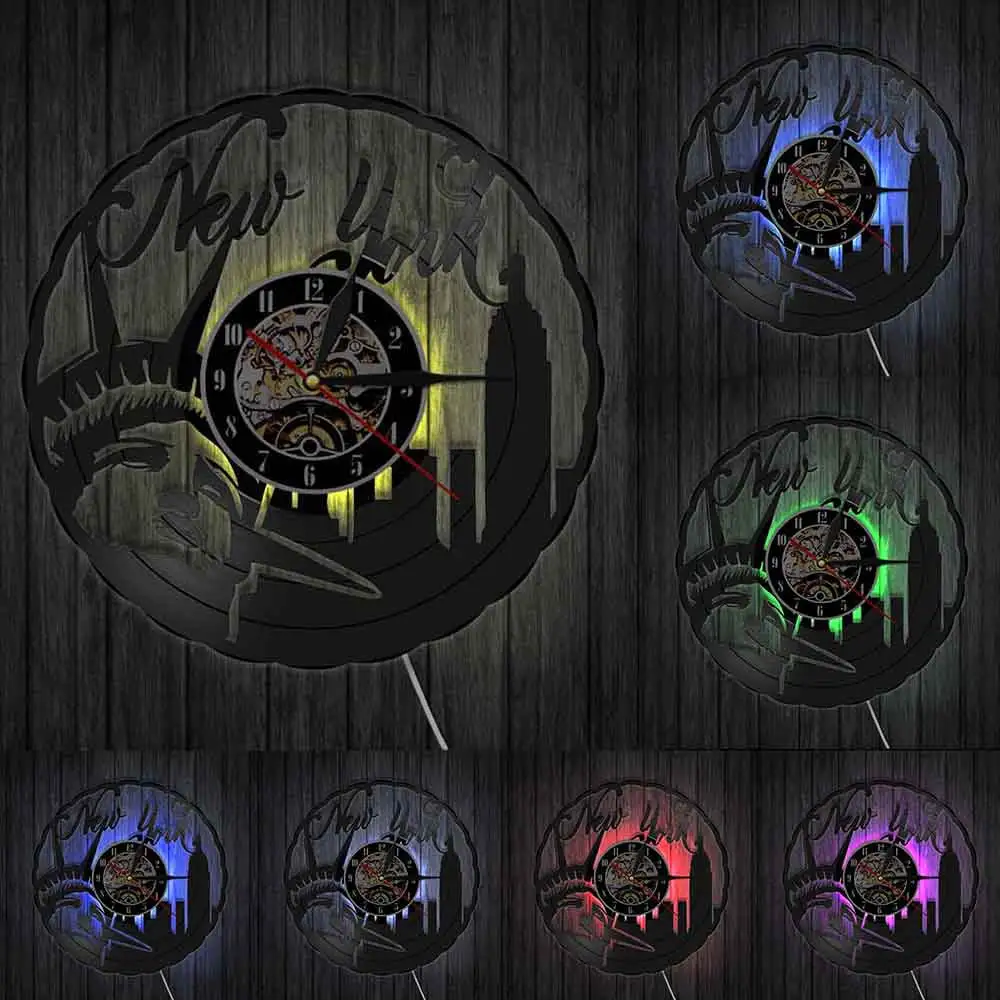 

New York City Vinyl Record Wall Clock USA Statue of Liberty Vintage Travel Gift Wall Hanging Decor Watch With Color Back Light