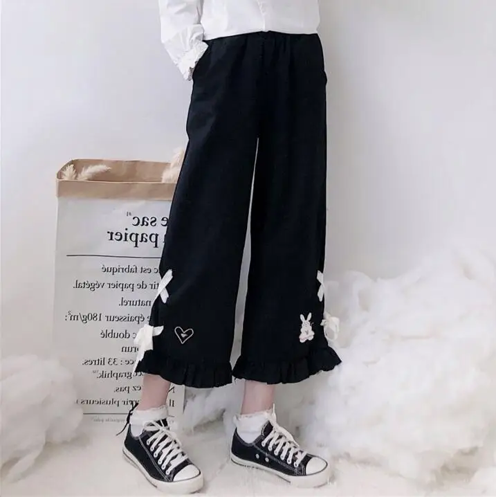 Женские брюки в корейском японском стиле Harajuku Ulzzang, повседневные свободные штаны с сердечками, женские милые японские Харадзюку для женщин - Цвет: Черный