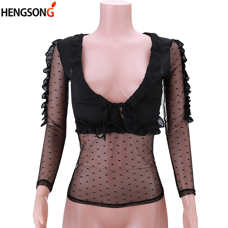 HENGSONG Sexy Mesh Drawstring Lace-up Blouse Perspective Cardigan Shirt Fashion Party Tops Women Blusa Feminina 2018 New |