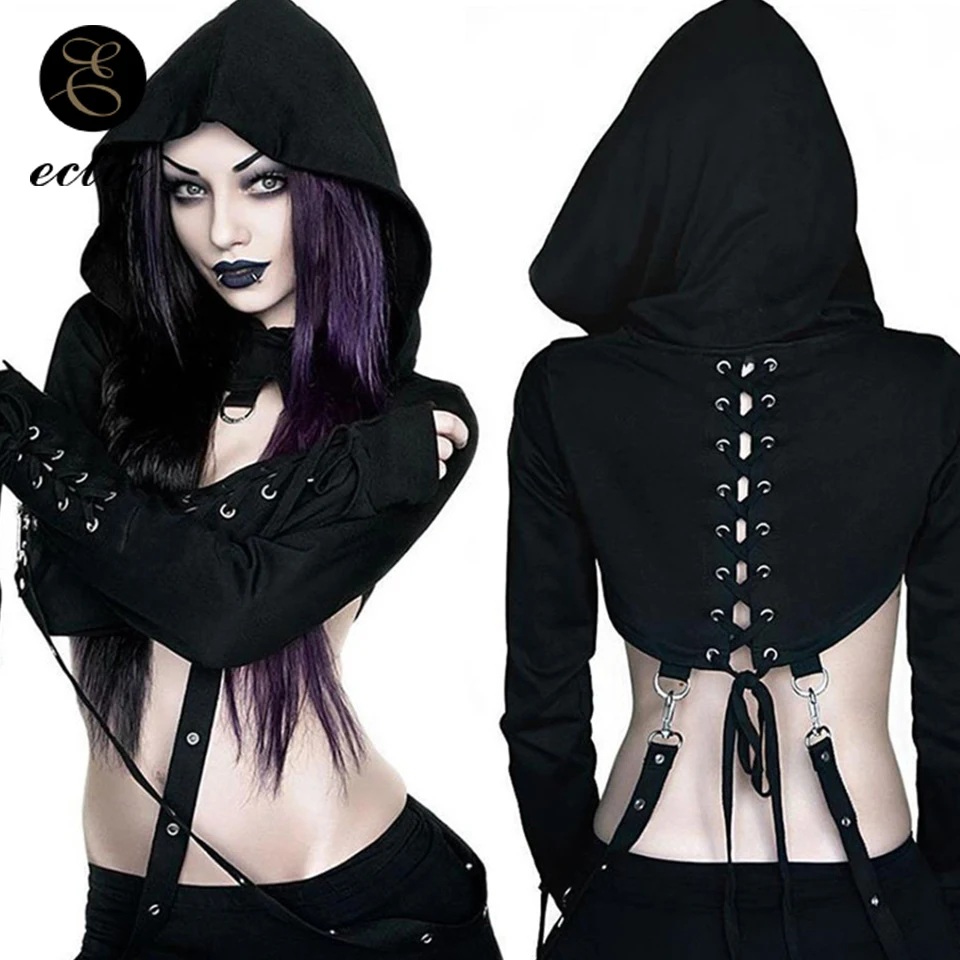 

Harajuku Dark Gothic Sweatshirt Crop Top Women Long Sleeve Poleron Mujer 2021 Halloween Hoodie Lace Up Drawstring Goth Hoodie